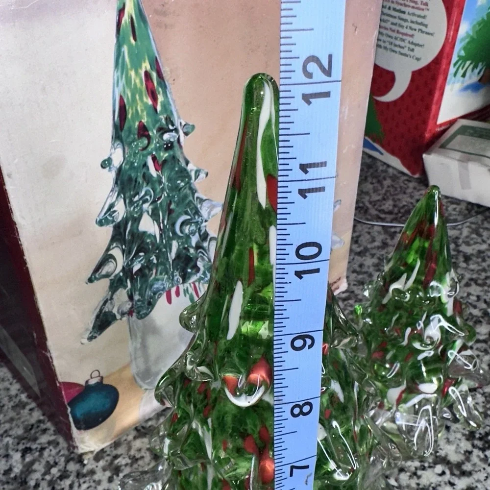 Vintage Red Green Art Glass Christmas Tree Sculpture Heavy 12 in And 8 in TWO